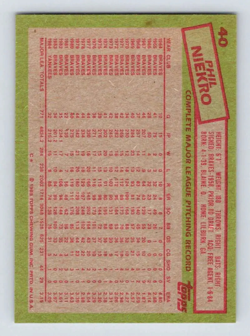 1985 Topps #40 Phil Niekro EX Excellent New York Yankees Baseball Card - Baseball Card Single
