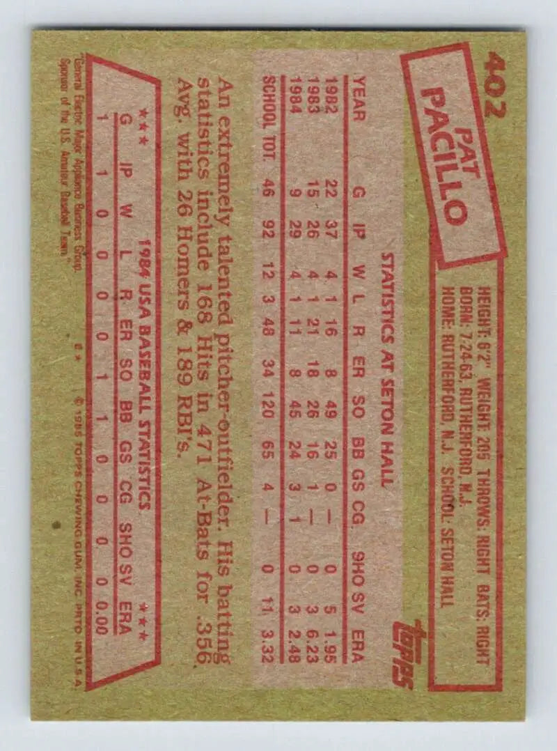 1985 Topps #402 Pat Pacillo EX Excellent RC Rookie USA Baseball Card - Baseball Card Single