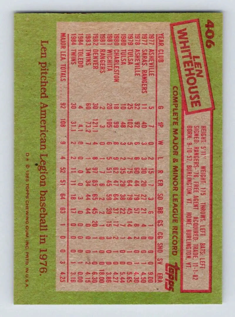 1985 Topps #406 Len Whitehouse EX Excellent Minnesota Twins Baseball Card - Baseball Card Single