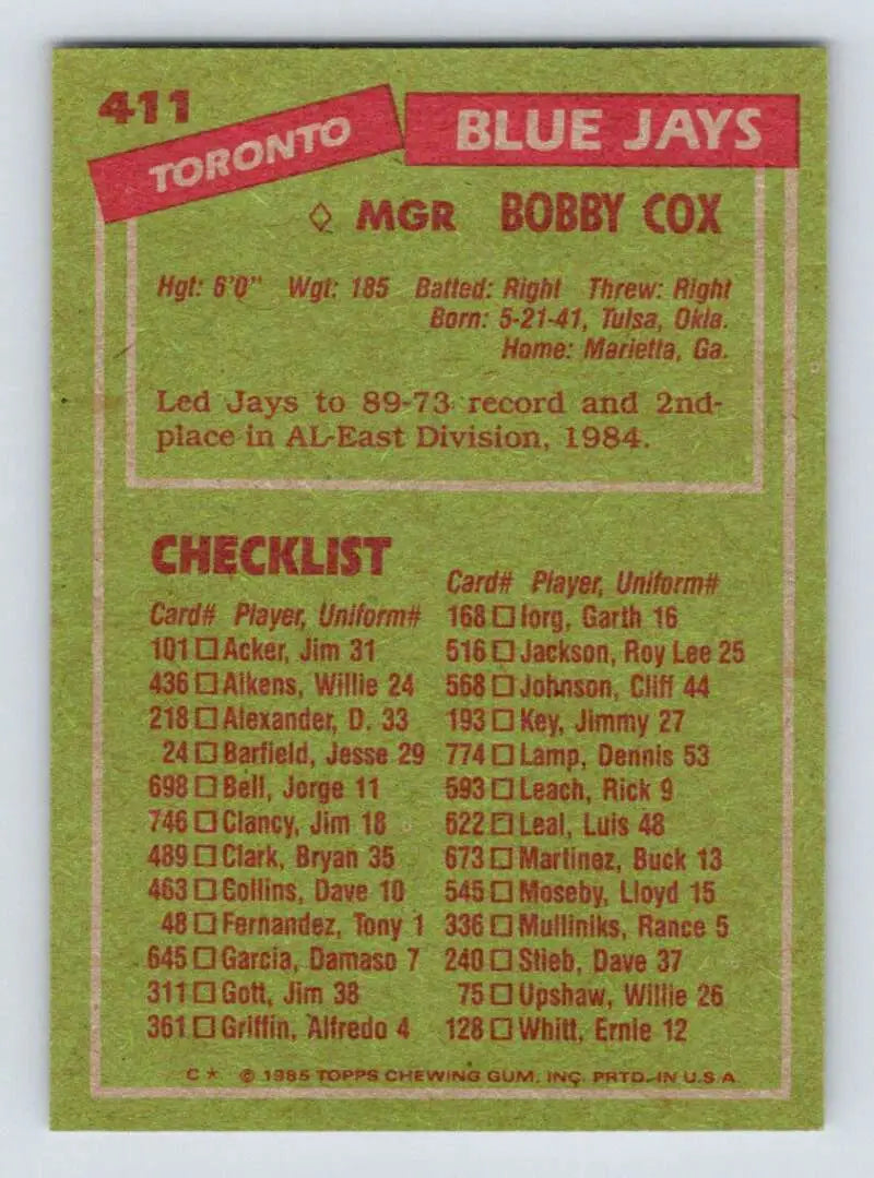 1985 Topps #411 Bobby Cox EX Excellent Toronto Blue Jays Baseball Card - Baseball Card Single