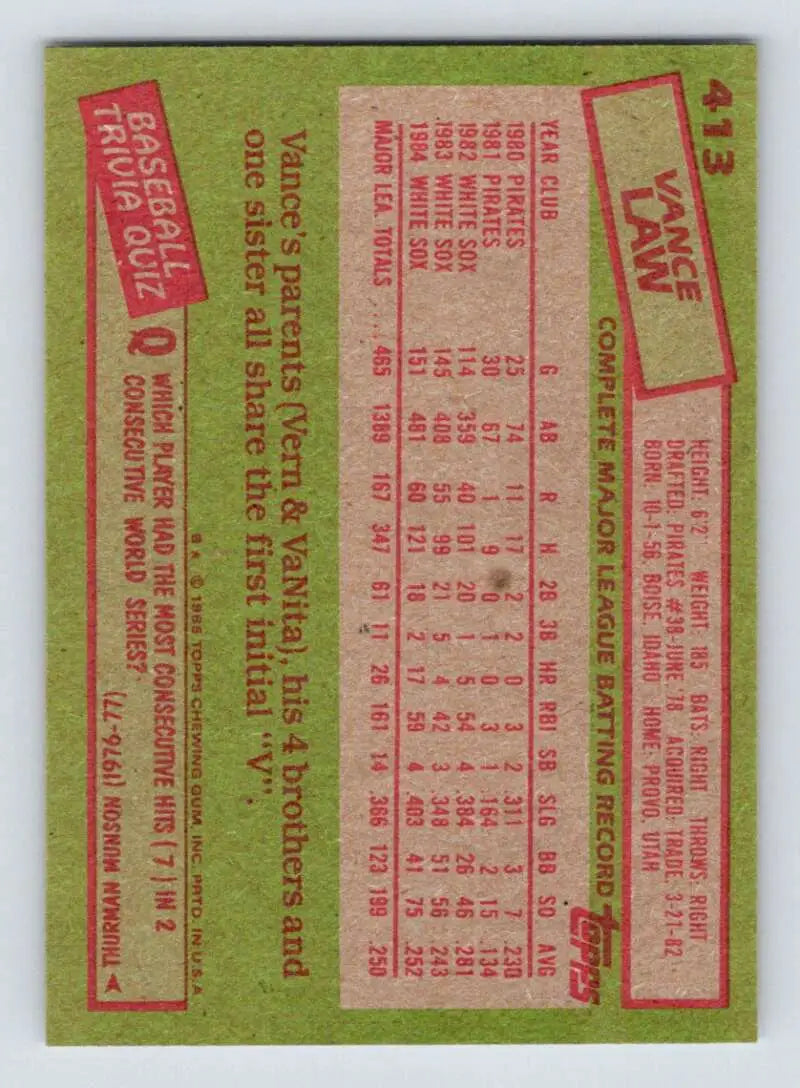 1985 Topps #413 Vance Law EX Excellent Chicago White Sox Baseball Card - Baseball Card Single