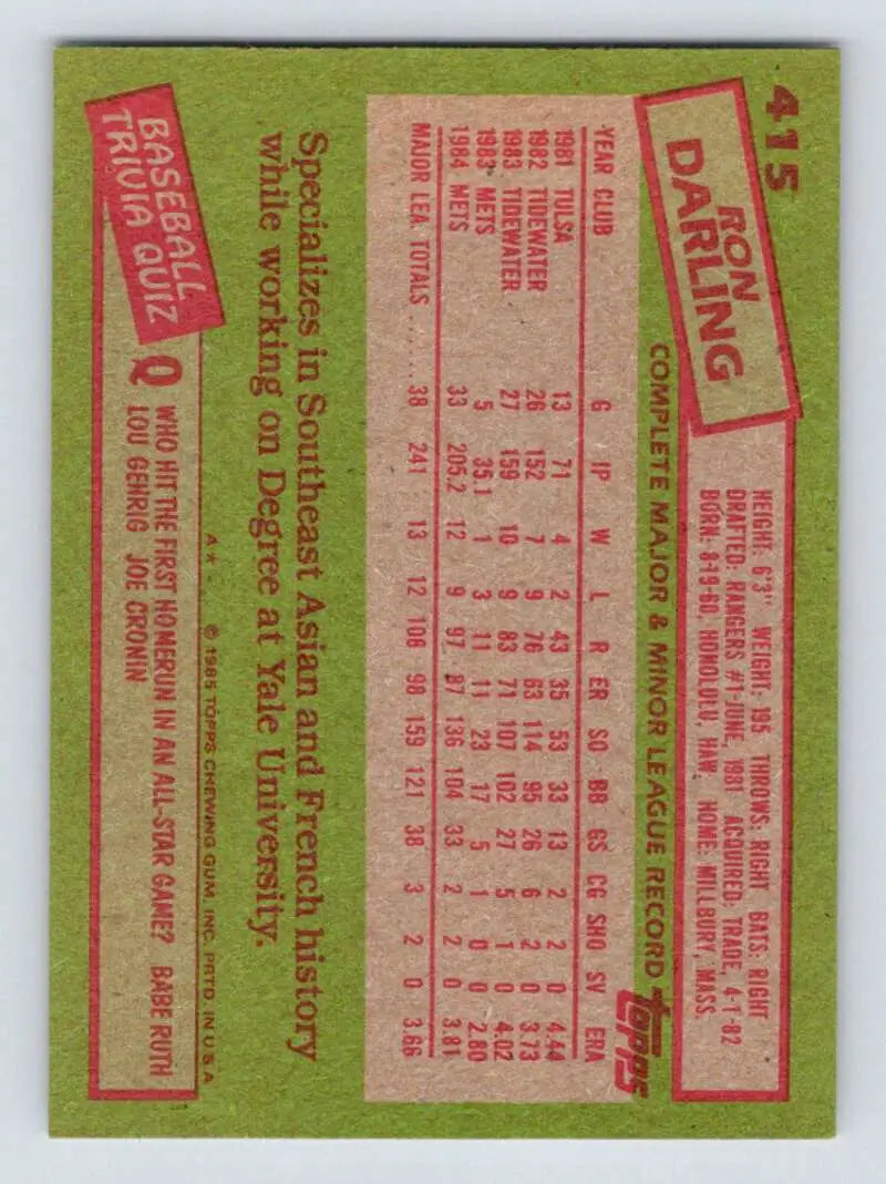1985 Topps #415 Ron Darling EX Excellent New York Mets Baseball Card - Baseball Card Single