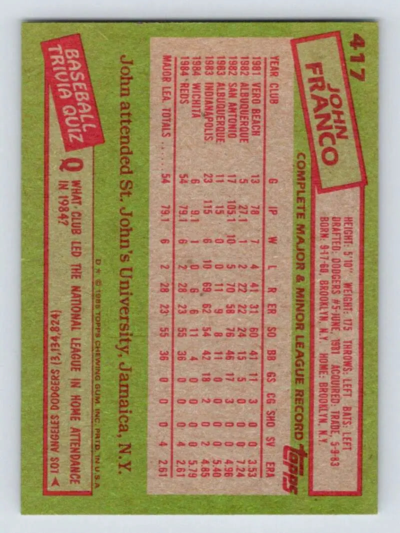 1985 Topps #417 John Franco EX Excellent RC Rookie Cincinnati Reds Baseball Card - Baseball Card Single