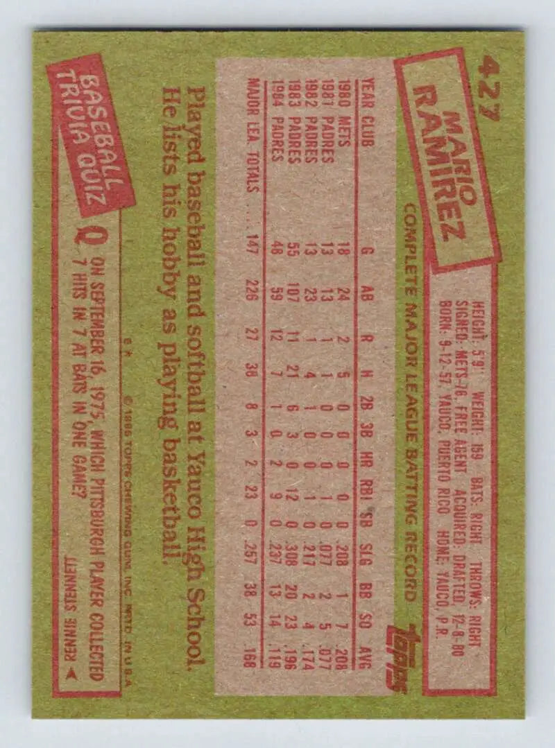 1985 Topps #427 Mario Ramirez EX Excellent San Diego Padres Baseball Card - Baseball Card Single