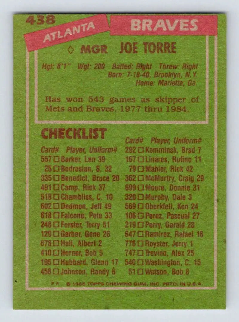 1985 Topps #438 Joe Torre EX Excellent Atlanta Braves Baseball Card - Baseball Card Single