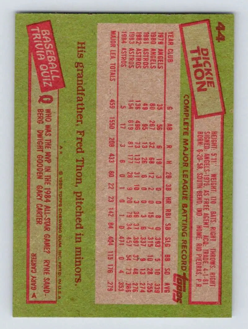1985 Topps #44 Dickie Thon EX Excellent Houston Astros Baseball Card - Baseball Card Single