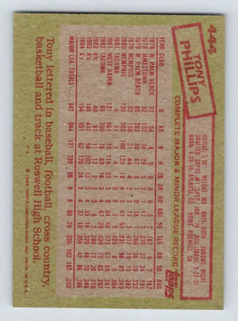 1985 Topps #444 Tony Phillips EX Excellent Oakland Athletics Baseball Card - Baseball Card Single