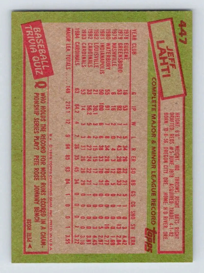 1985 Topps #447 Jeff Lahti EX Excellent St. Louis Cardinals Baseball Card - Baseball Card Single