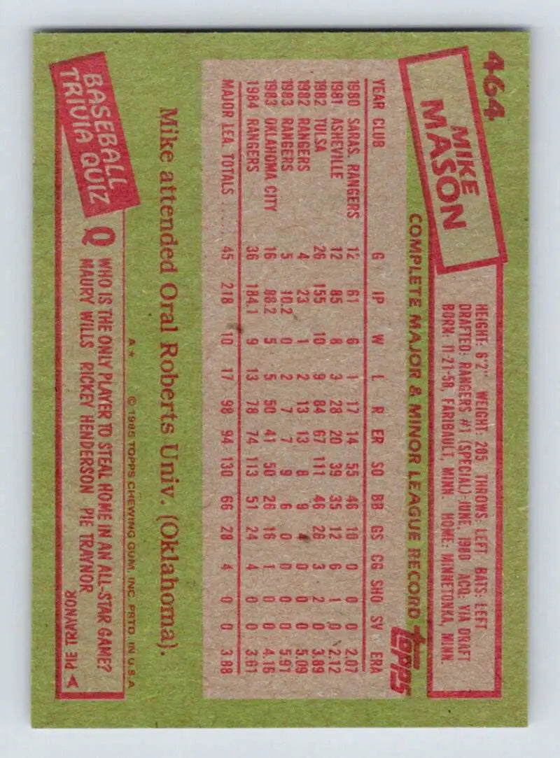 1985 Topps #464 Mike Mason EX Excellent RC Rookie Texas Rangers Baseball Card - Baseball Card Single