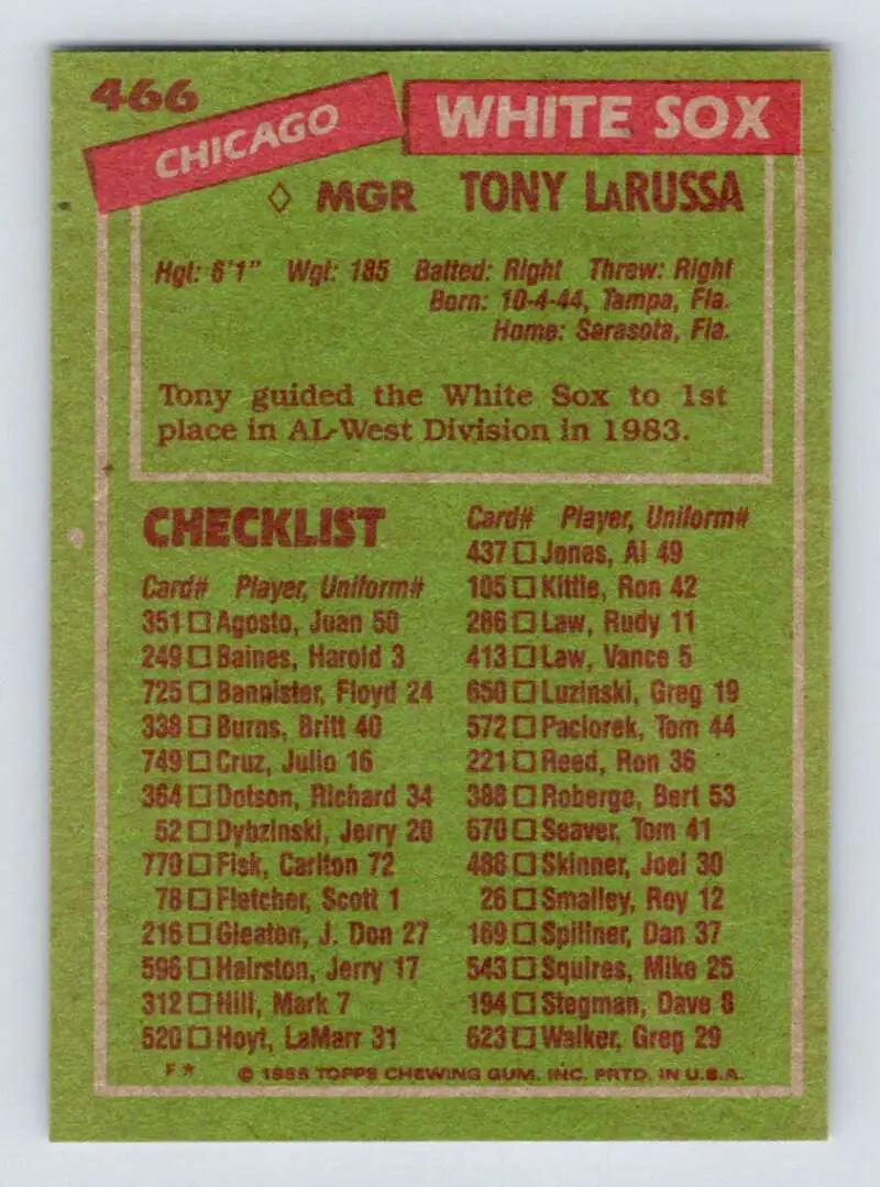 1985 Topps #466 Tony LaRussa EX Excellent Chicago White Sox Baseball Card - Baseball Card Single