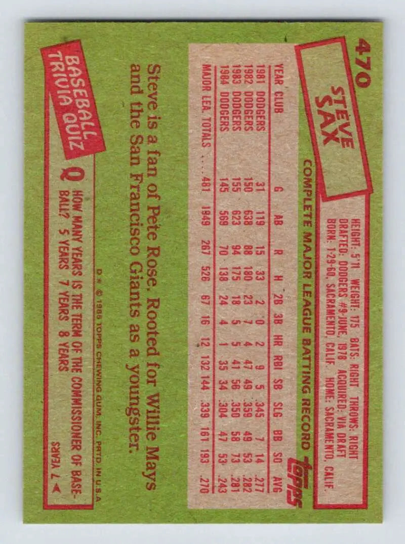 1985 Topps #470 Steve Sax EX Excellent Los Angeles Dodgers Baseball Card - Baseball Card Single
