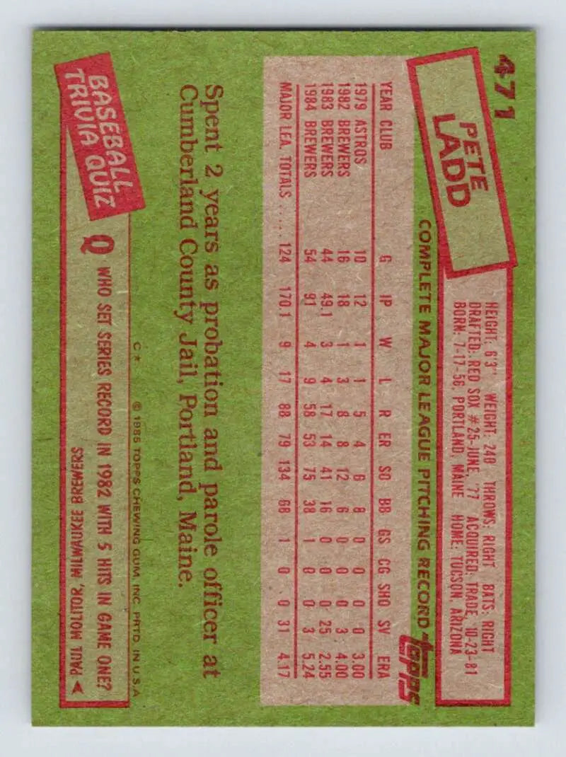 1985 Topps #471 Pete Ladd EX Excellent Milwaukee Brewers Baseball Card - Baseball Card Single