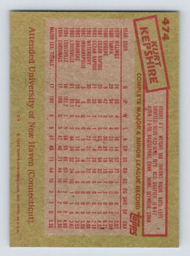 1985 Topps #474 Kurt Kepshire EX Excellent RC Rookie St. Louis Cardinals Baseball Card - Baseball Card Single