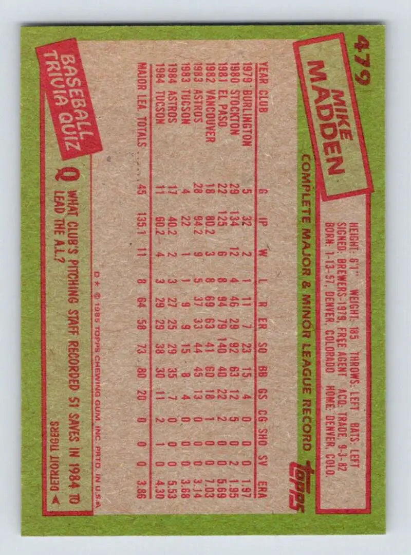 1985 Topps #479 Mike Madden EX Excellent Houston Astros Baseball Card - Baseball Card Single