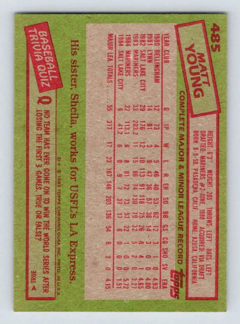 1985 Topps #485 Matt Young EX Excellent Seattle Mariners Baseball Card - Baseball Card Single