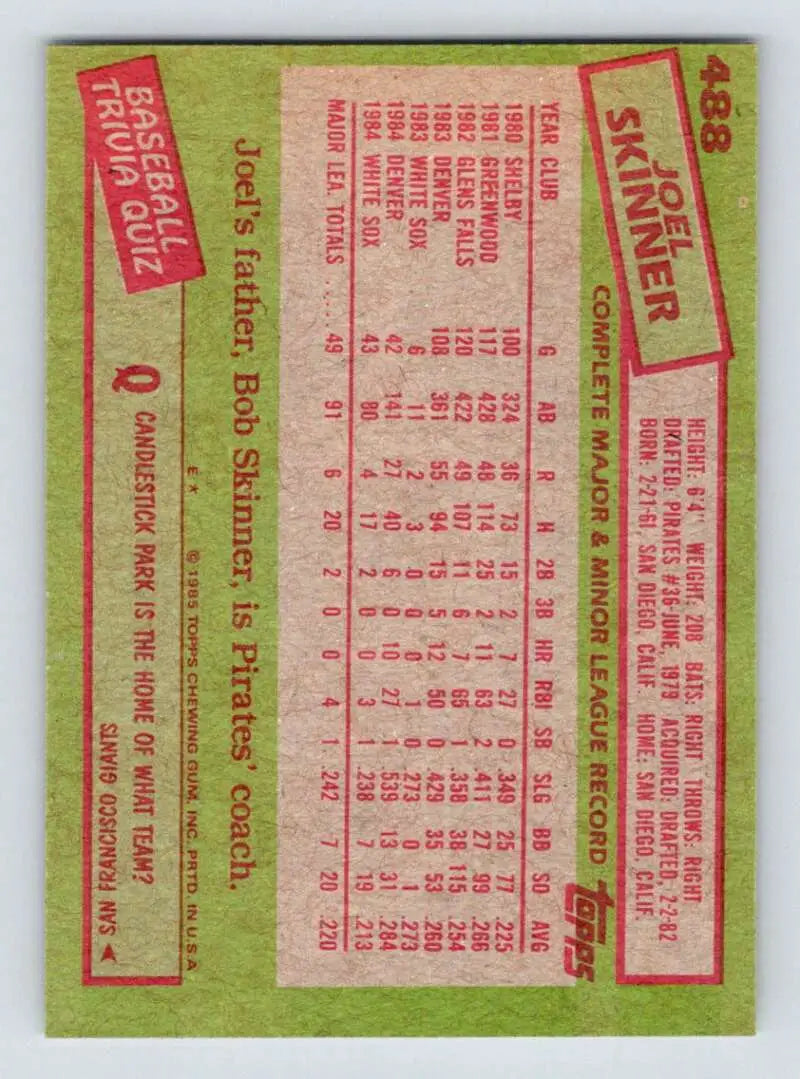 1985 Topps #488 Joel Skinner EX Excellent Chicago White Sox Baseball Card - Baseball Card Single