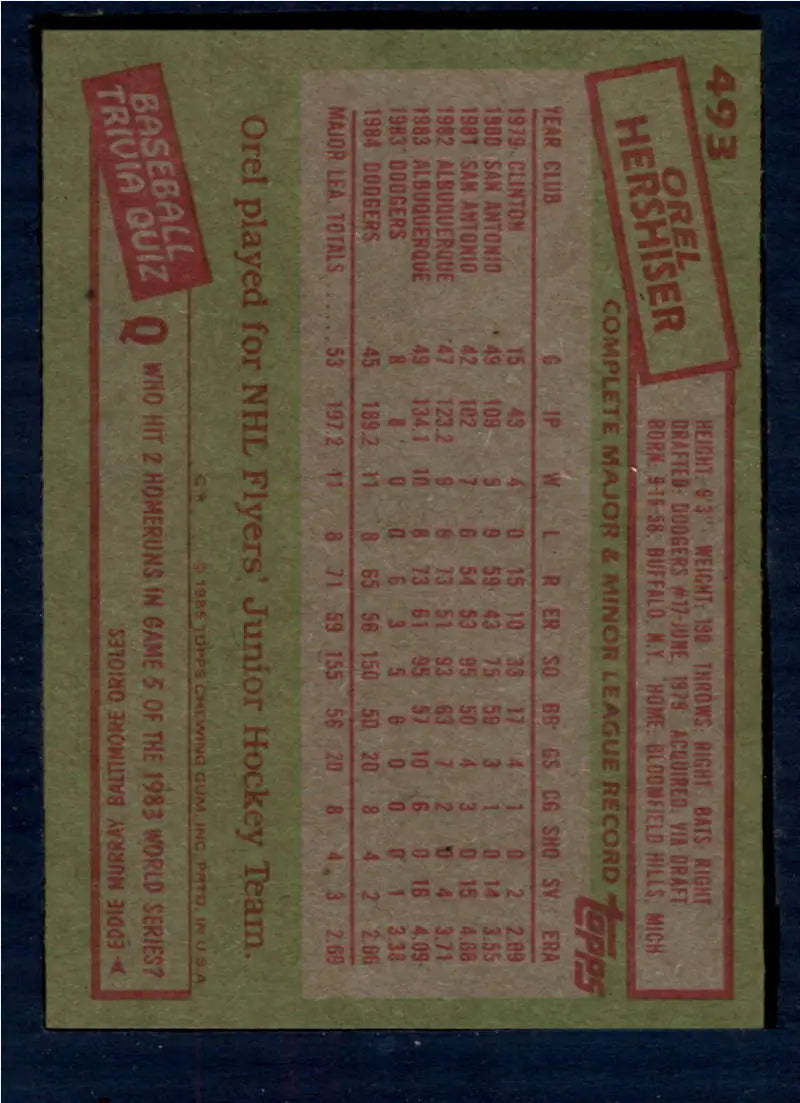 1985 Topps #493 Orel Hershiser EX Excellent RC Rookie Los Angeles Dodgers Baseball Card - Baseball Card Single
