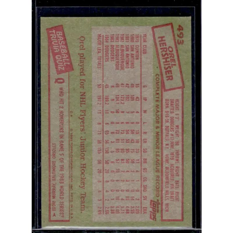1985 Topps #493 Orel Hershiser Los Angeles Dodgers EX Excellent - Baseball Card Single