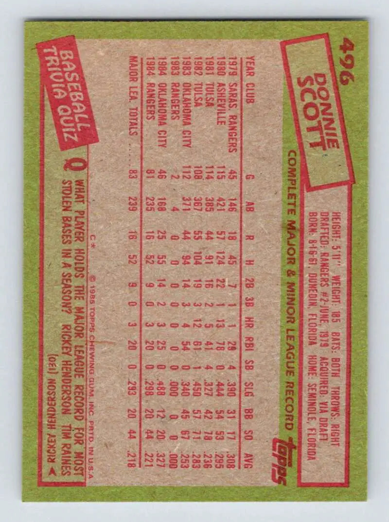 1985 Topps #496 Donnie Scott EX Excellent Texas Rangers Baseball Card - Baseball Card Single