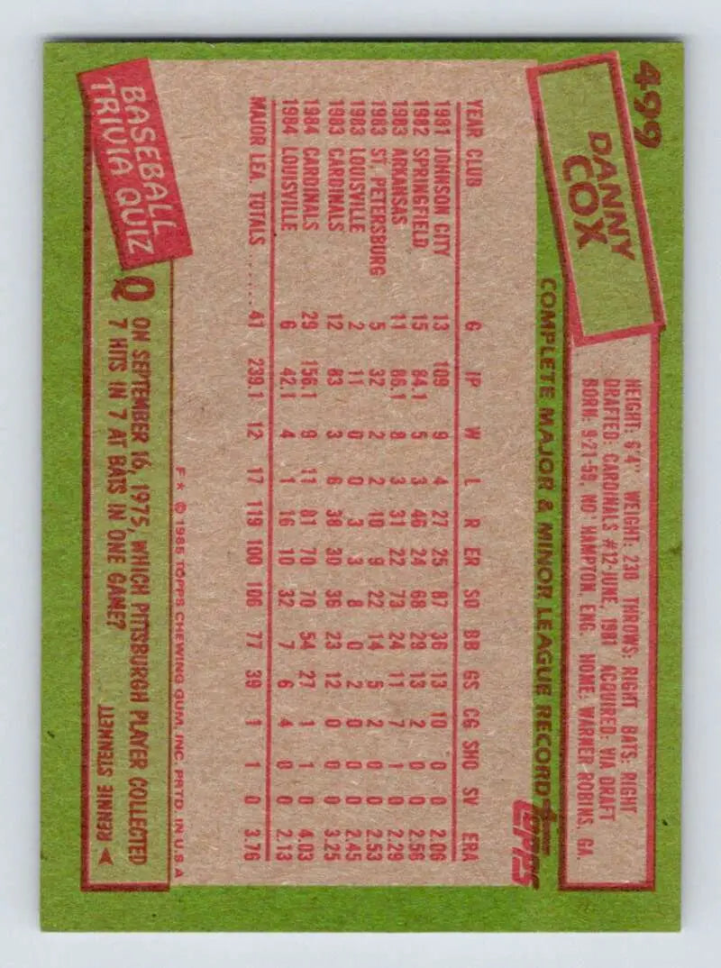 1985 Topps #499 Danny Cox EX Excellent St. Louis Cardinals Baseball Card - Baseball Card Single