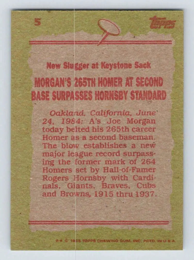 1985 Topps #5 Joe Morgan EX Excellent Oakland Athletics Baseball Card - Baseball Card Single