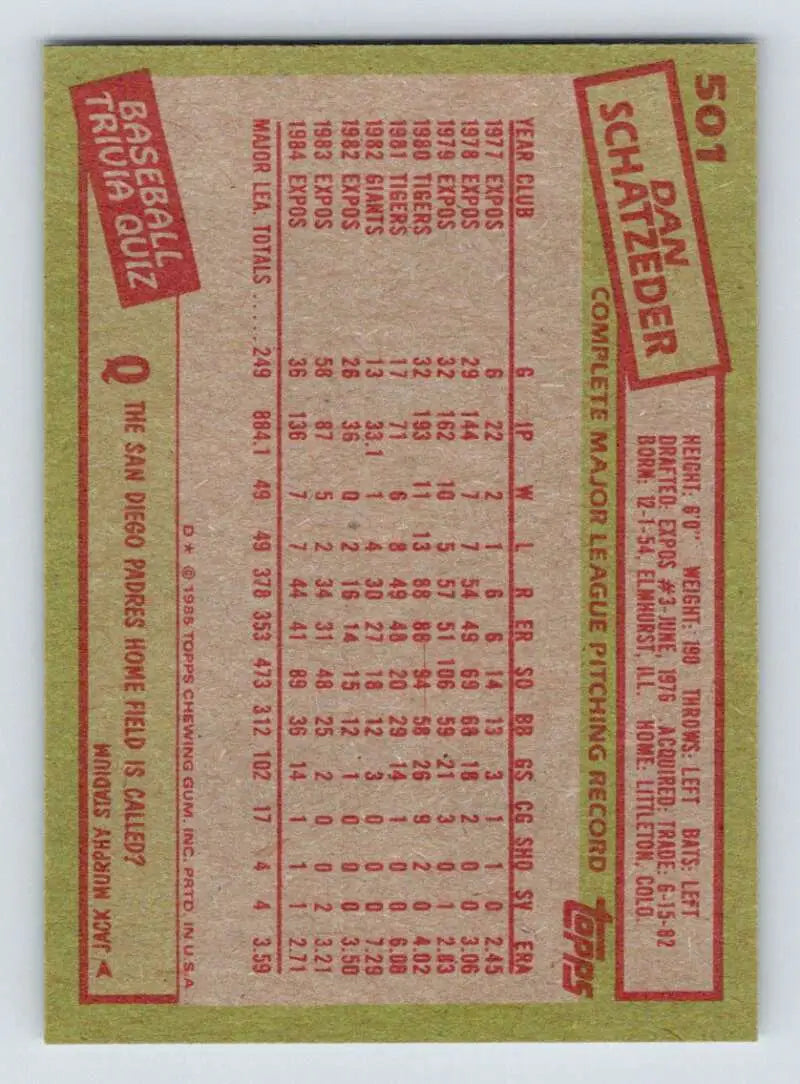 1985 Topps #501 Dan Schatzeder EX Excellent Montreal Expos Baseball Card - Baseball Card Single