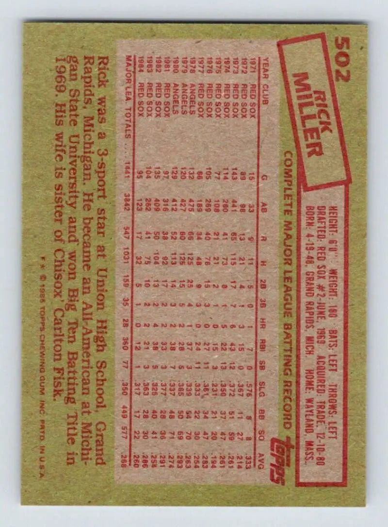 1985 Topps #502 Rick Miller EX Excellent Boston Red Sox Baseball Card - Baseball Card Single