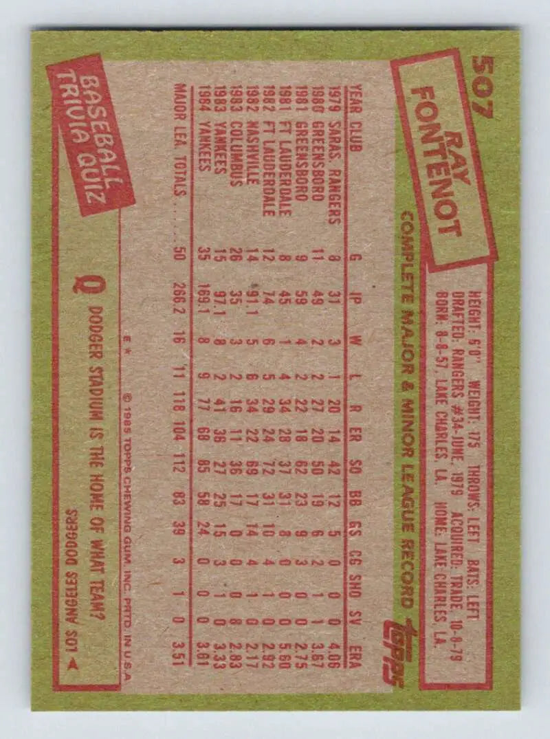 1985 Topps #507 Ray Fontenot EX Excellent New York Yankees Baseball Card - Baseball Card Single