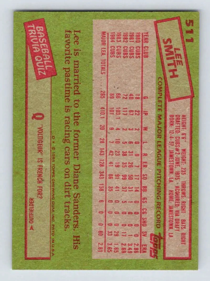 1985 Topps #511 Lee Smith EX Excellent Chicago Cubs Baseball Card - Baseball Card Single