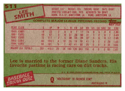 Original gloss Lee Smith baseball card from 1985 Topps Cubs collection