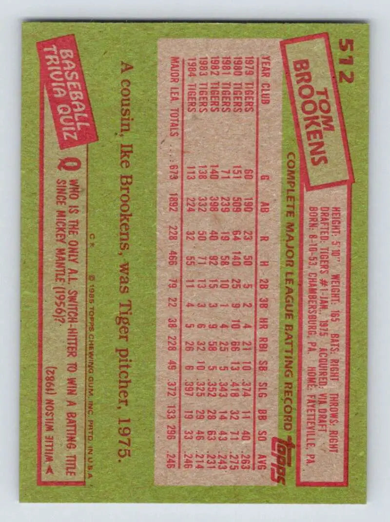 1985 Topps #512 Tom Brookens EX Excellent Detroit Tigers Baseball Card - Baseball Card Single