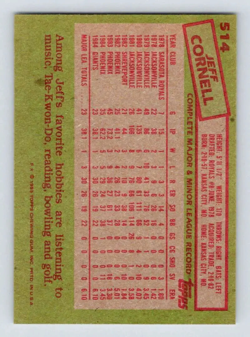 1985 Topps #514 Jeff Cornell EX Excellent RC Rookie San Francisco Giants Baseball Card - Baseball Card Single