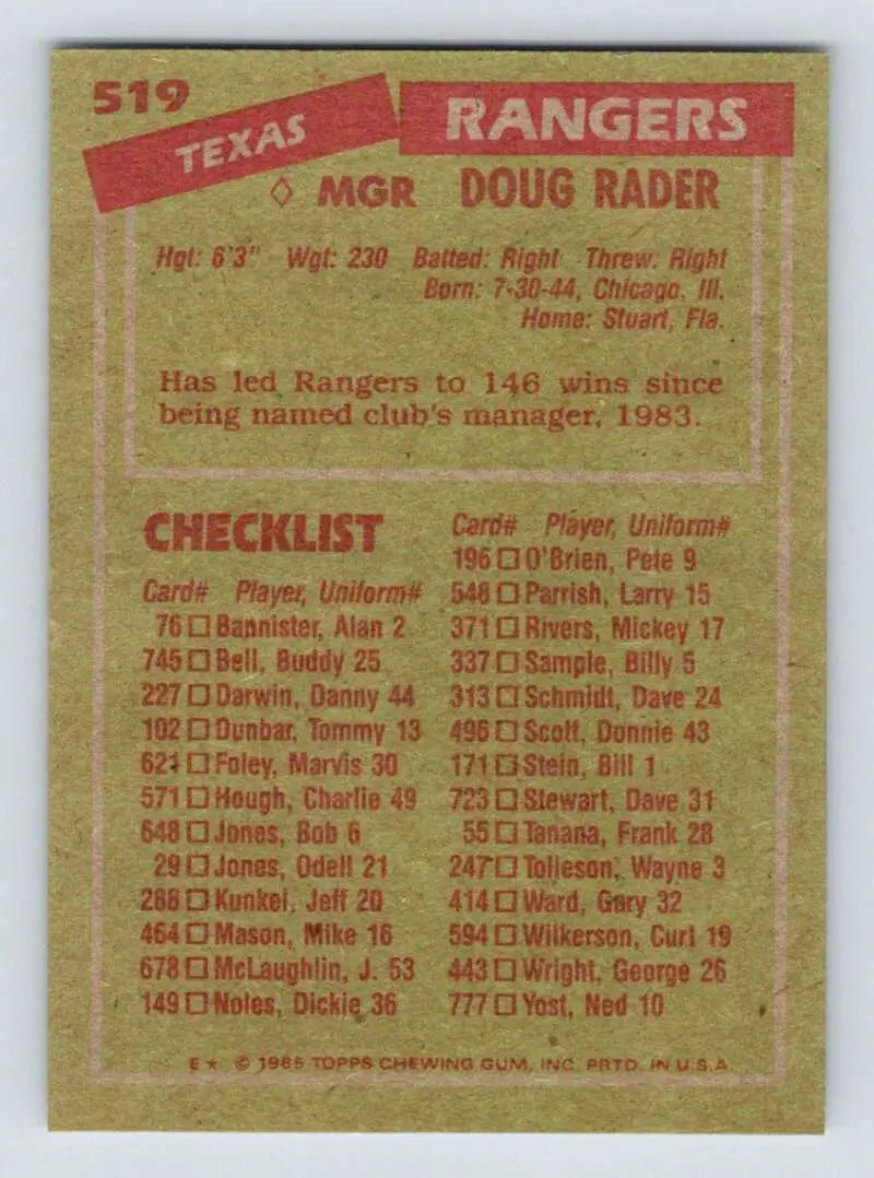 1985 Topps #519 Doug Rader EX Excellent Texas Rangers Baseball Card - Baseball Card Single