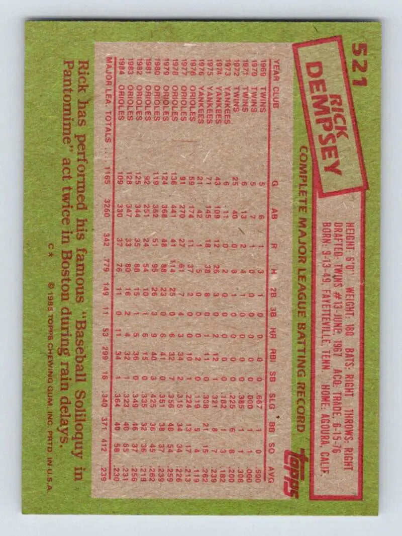 1985 Topps #521 Rick Dempsey EX Excellent Baltimore Orioles Baseball Card - Baseball Card Single