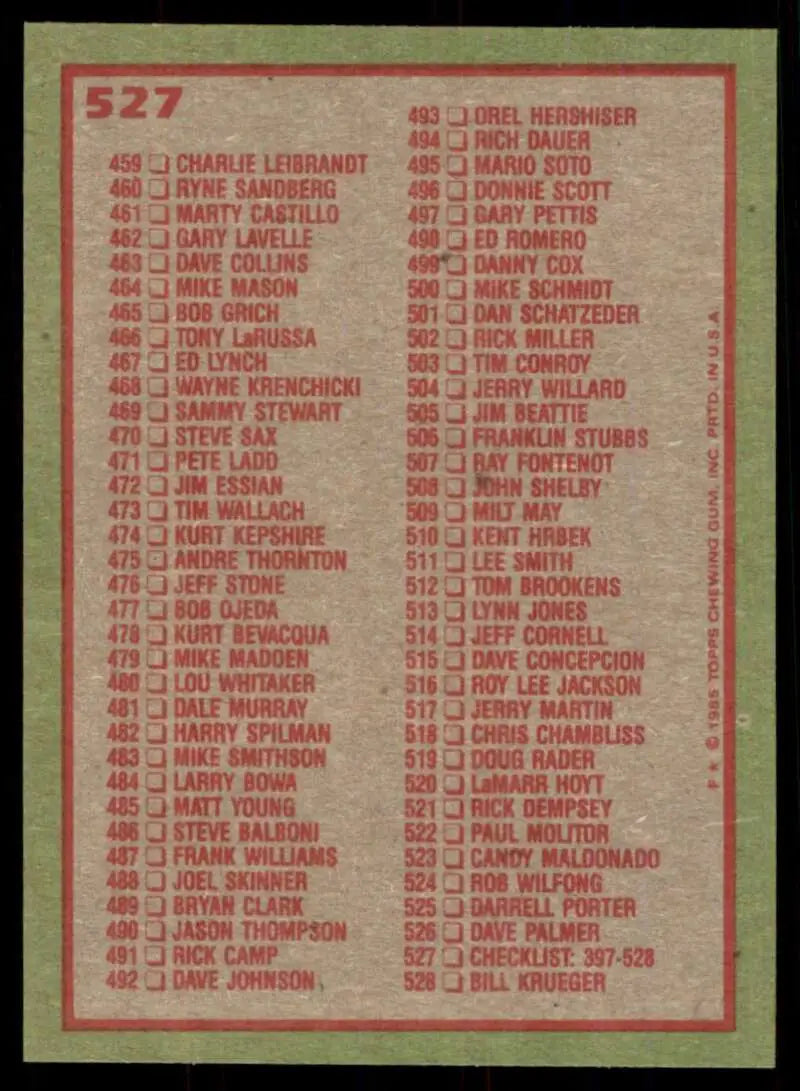 1985 Topps #527 Checklist: 397-528 EX Excellent Baseball Card - Baseball Card Single