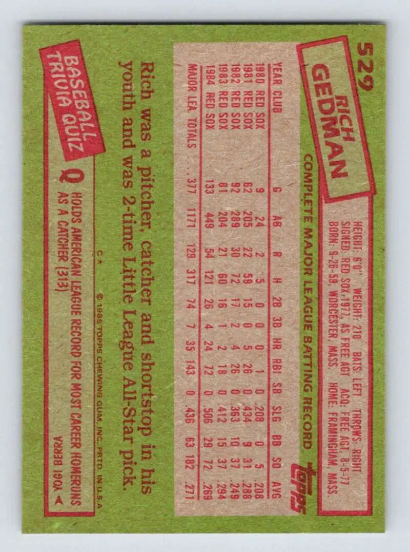 1985 Topps #529 Rich Gedman EX Excellent Boston Red Sox Baseball Card - Baseball Card Single