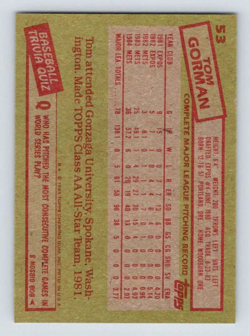 1985 Topps #53 Tom Gorman EX Excellent New York Mets Baseball Card - Baseball Card Single