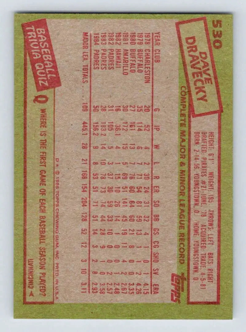 1985 Topps #530 Dave Dravecky EX Excellent San Diego Padres Baseball Card - Baseball Card Single