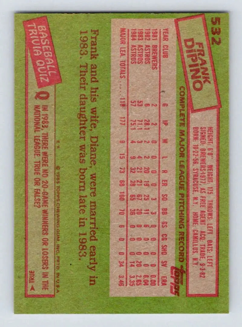 1985 Topps #532 Frank DiPino EX Excellent Houston Astros Baseball Card - Baseball Card Single