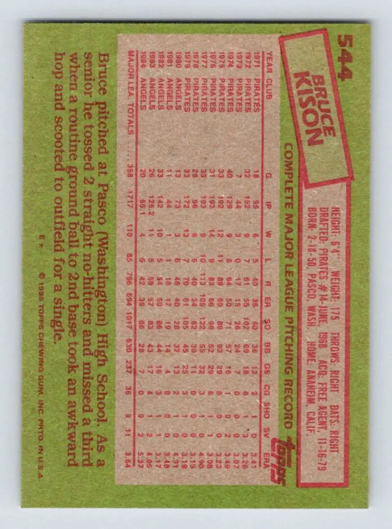 1985 Topps #544 Bruce Kison EX Excellent California Angels Baseball Card - Baseball Card Single