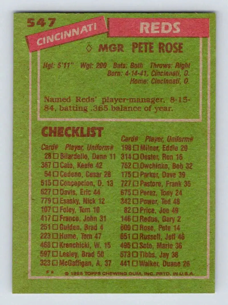 1985 Topps #547 Pete Rose EX Excellent Cincinnati Reds Baseball Card - Baseball Card Single