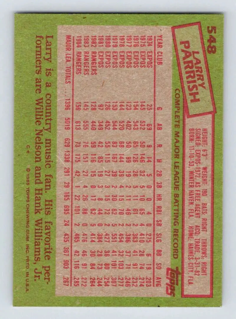 1985 Topps #548 Larry Parrish EX Excellent Texas Rangers Baseball Card - Baseball Card Single
