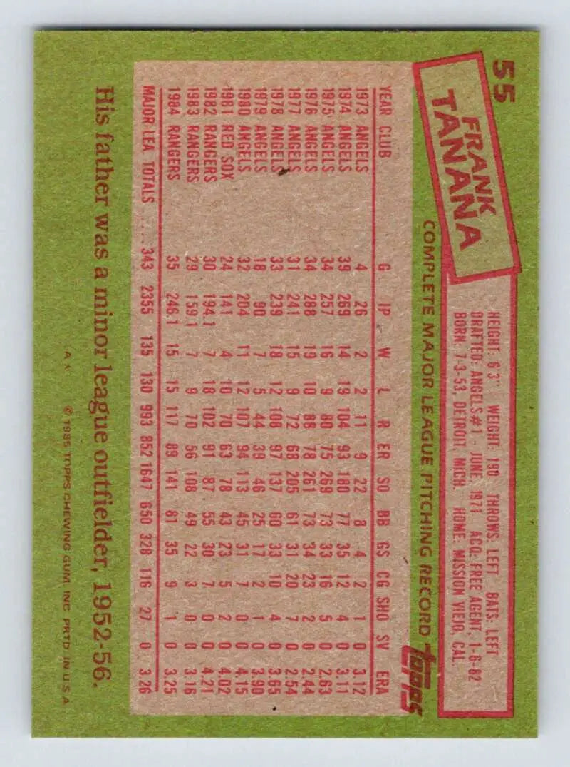 1985 Topps #55 Frank Tanana EX Excellent Texas Rangers Baseball Card - Baseball Card Single