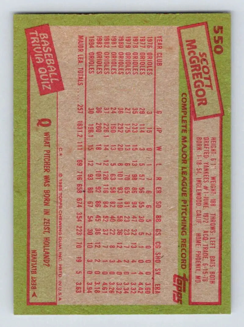1985 Topps #550 Scott McGregor EX Excellent Baltimore Orioles Baseball Card - Baseball Card Single