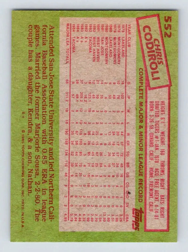 1985 Topps #552 Chris Codiroli EX Excellent Oakland Athletics Baseball Card - Baseball Card Single