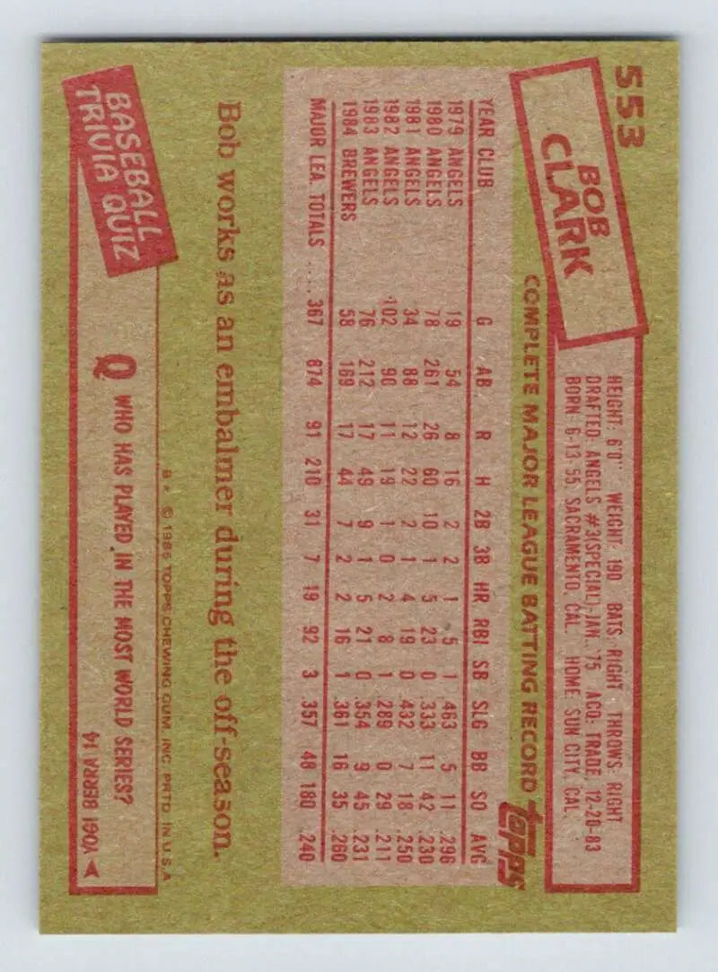 1985 Topps #553 Bobby Clark EX Excellent Milwaukee Brewers Baseball Card - Baseball Card Single