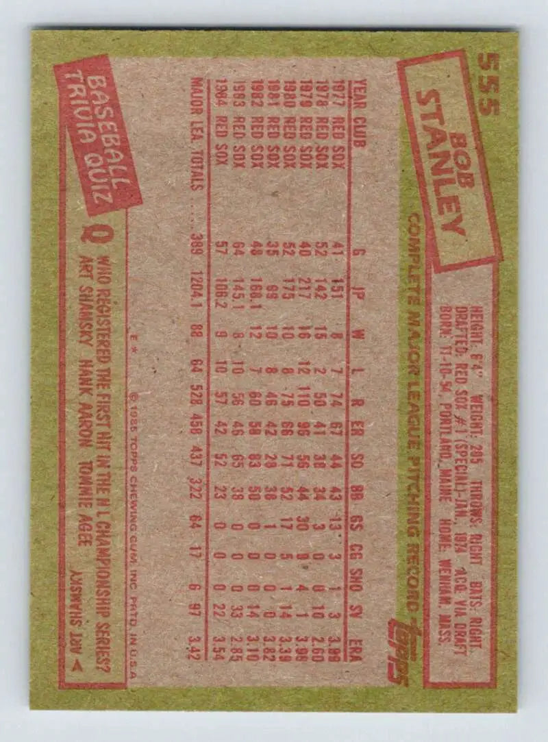 1985 Topps #555 Bob Stanley EX Excellent Boston Red Sox Baseball Card - Baseball Card Single