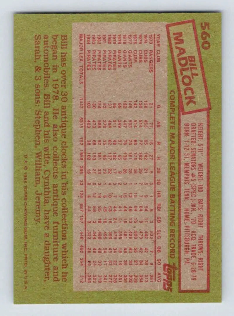 1985 Topps #560 Bill Madlock EX Excellent Pittsburgh Pirates Baseball Card - Baseball Card Single