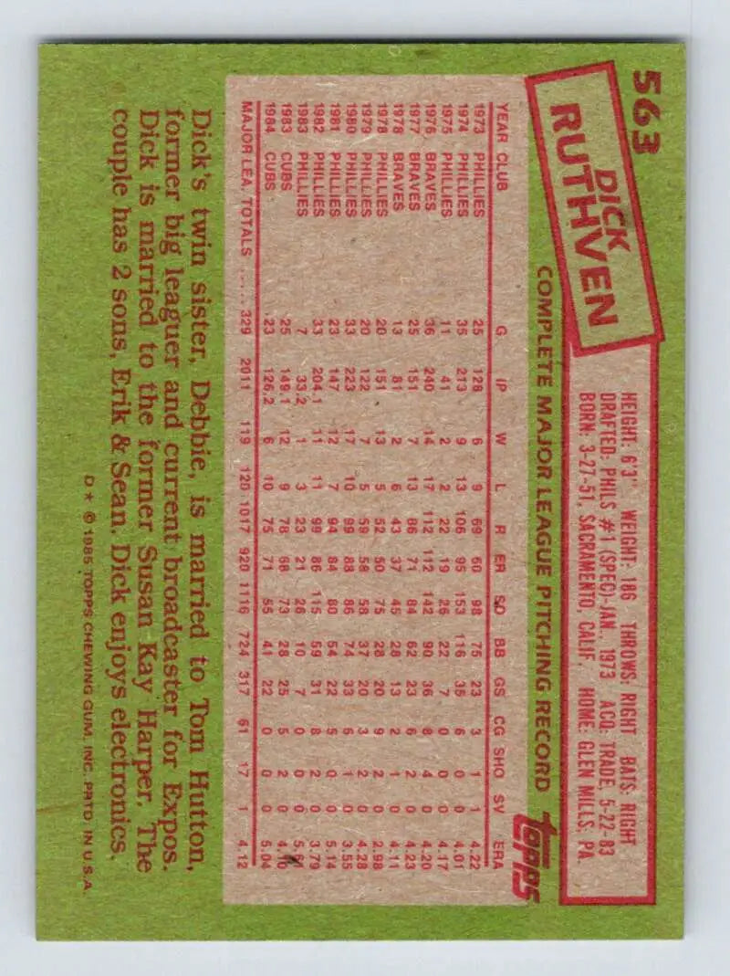 1985 Topps #563 Dick Ruthven EX Excellent Chicago Cubs Baseball Card - Baseball Card Single