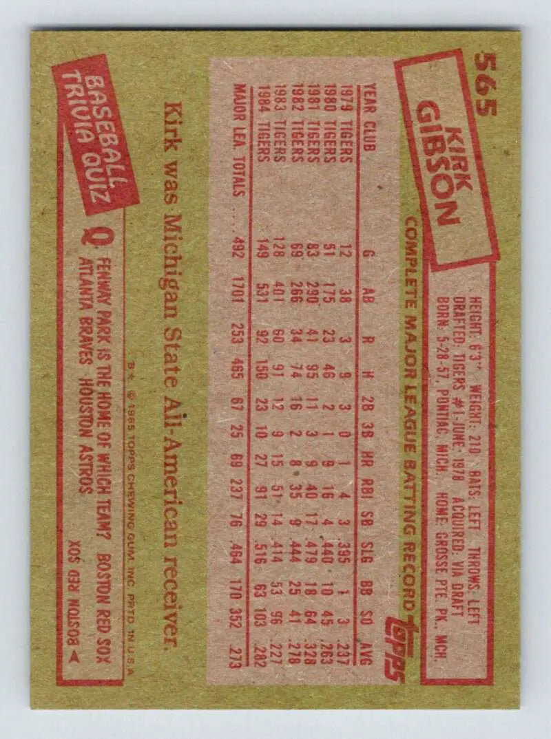 1985 Topps #565 Kirk Gibson EX Excellent Detroit Tigers Baseball Card - Baseball Card Single